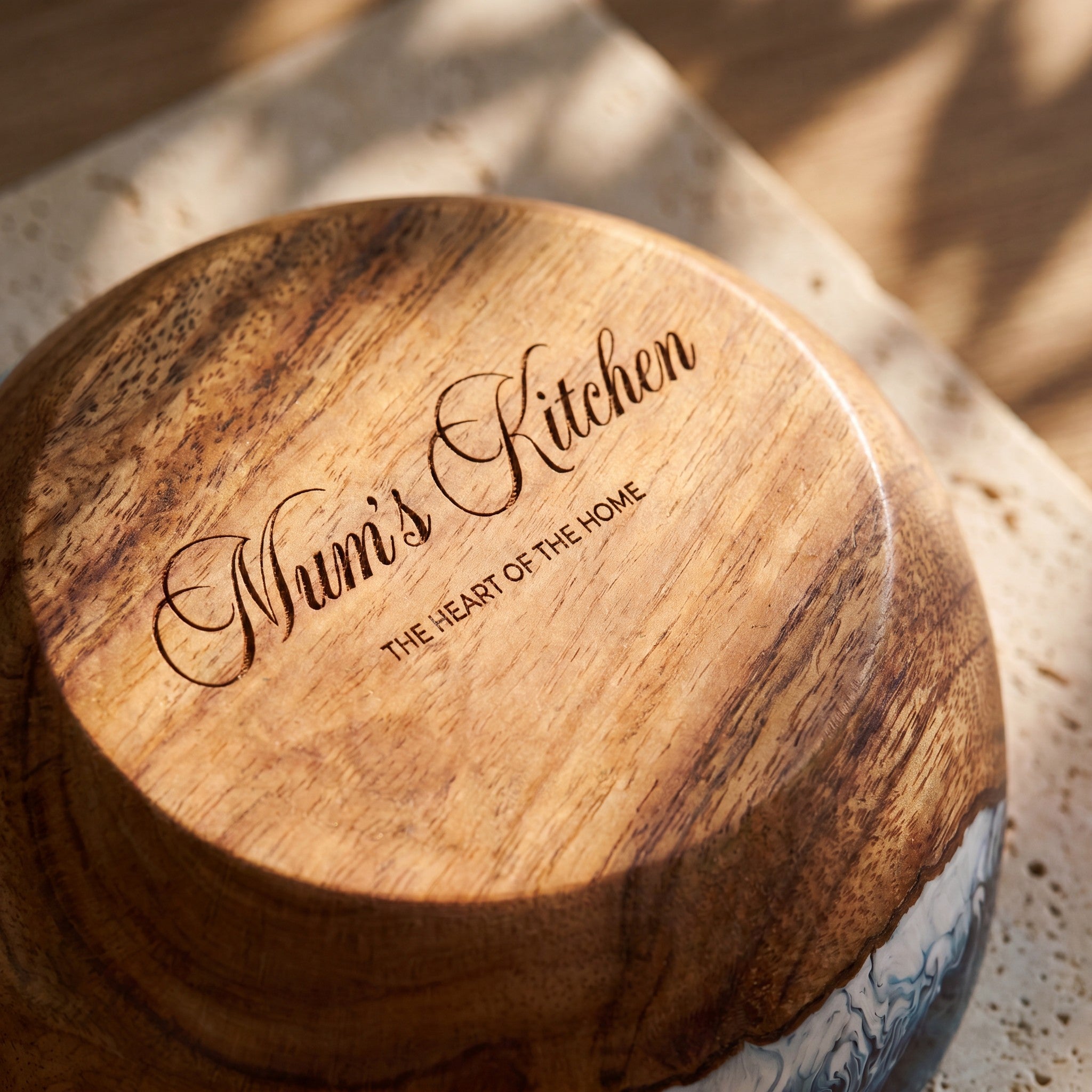 Resin Bowl in Prussian Blue - close-up of the personalised engraving #colour_prussian-blue