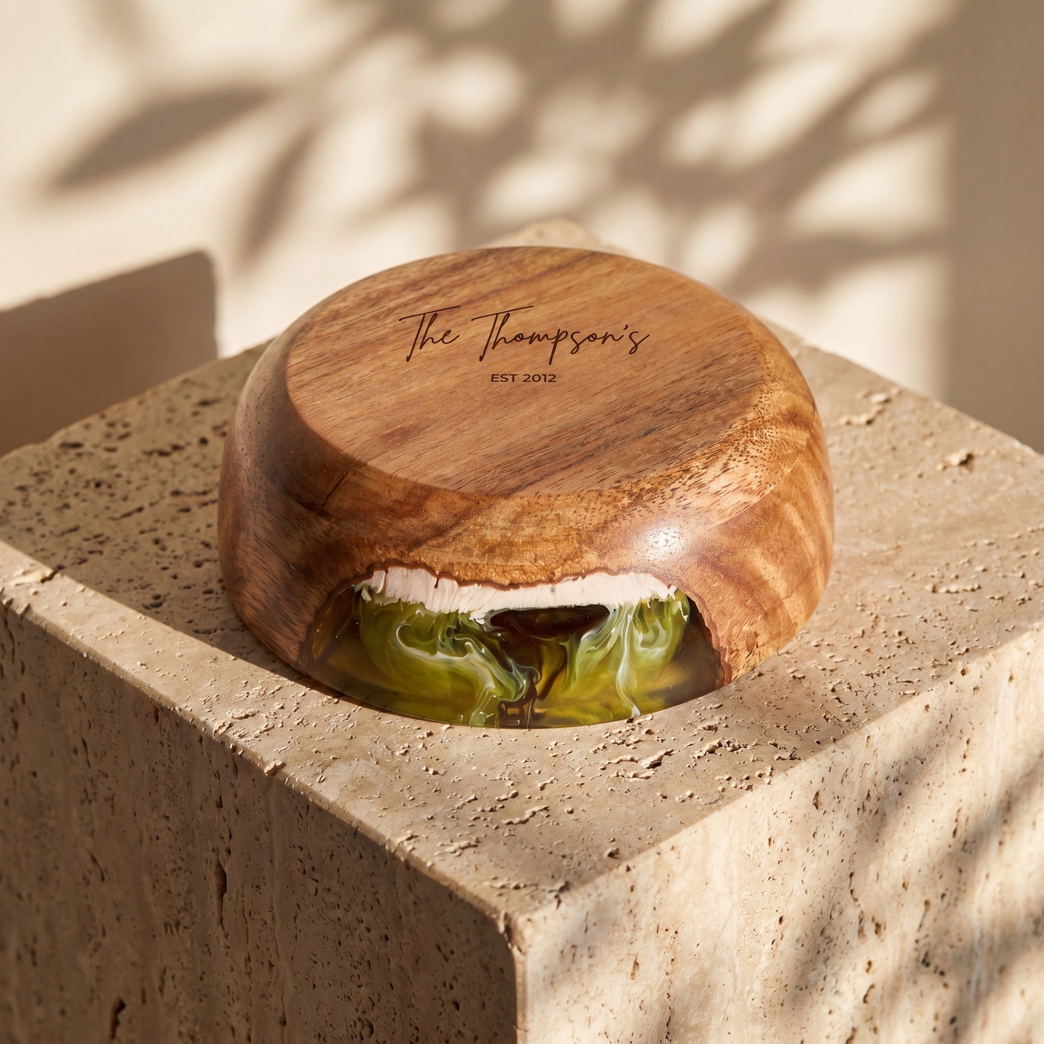 Resin Bowl in Sage Green - personalised engraving on the timber base #colour_sage-green