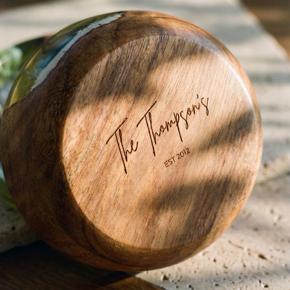 Resin Bowl in Sage Green - close-up of the personalised engraving #colour_sage-green