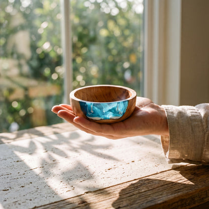 Resin Bowl in Seascape - held in the hand for scale #colour_seascape