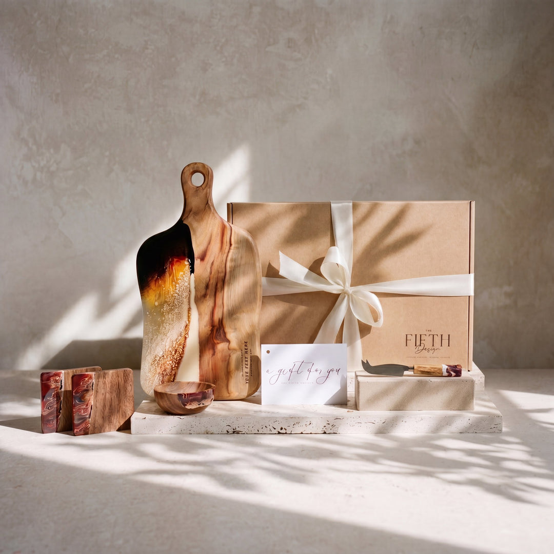 Charcuterie Bundle in Burnt Ivory - Gift set hero with branded gift box #colour_burnt-ivory
