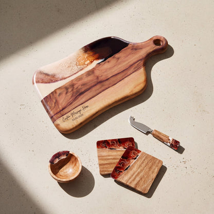 Charcuterie Bundle in Burnt Ivory - Flat lay of the board, coasters, bowl and knife 