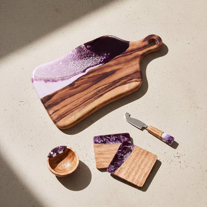 Charcuterie Bundle in Lilac - Flat lay of the board, coasters, bowl and knife 