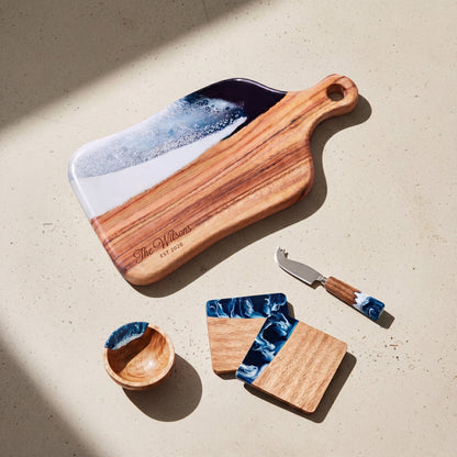 Charcuterie Bundle in Prussian Blue - Flat lay of the board, coasters, bowl and knife 