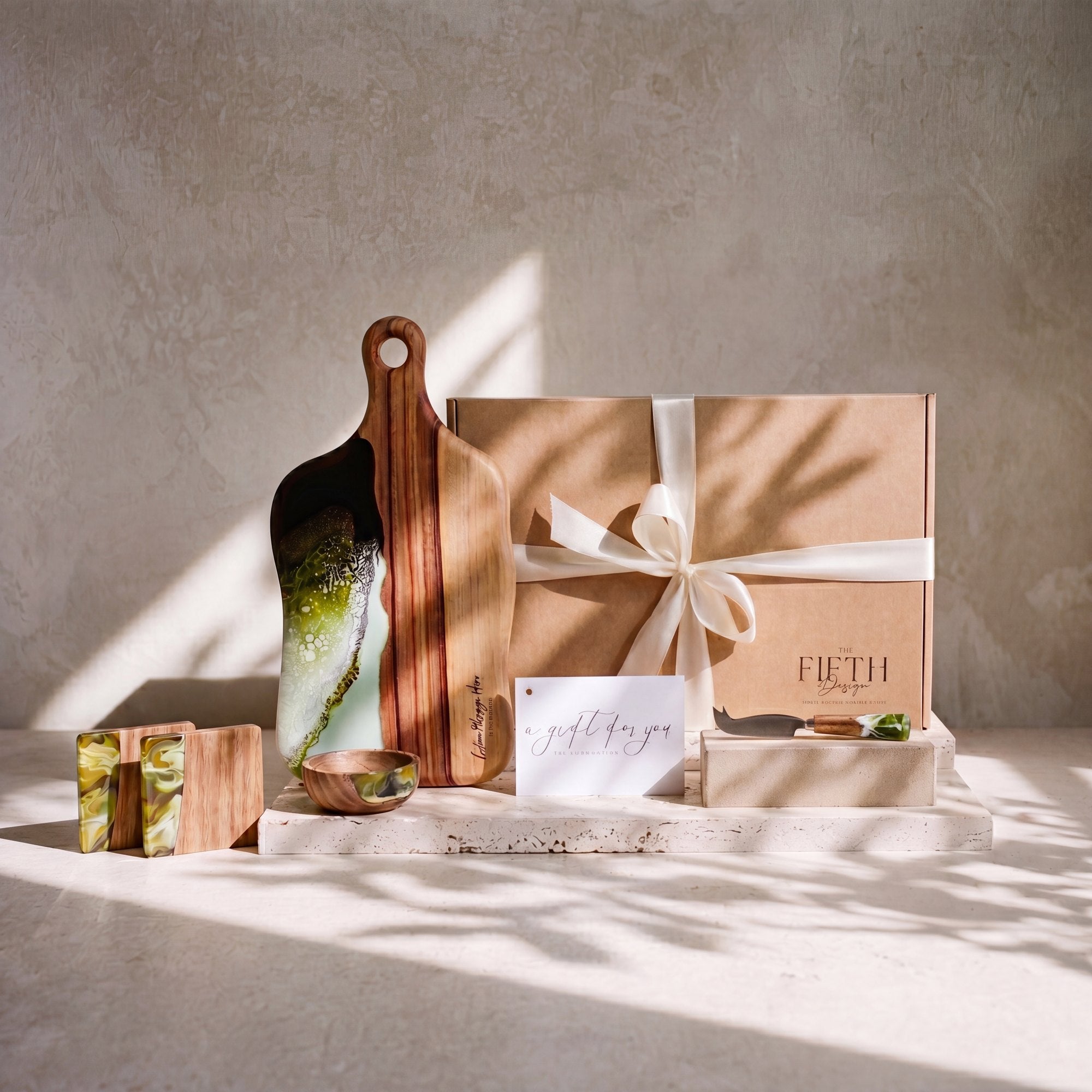 Charcuterie Bundle in Sage Green - Gift set hero with branded gift box #colour_sage-green