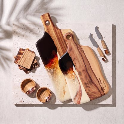 The Entertainer's Bundle in Burnt Ivory - Flat lay of both boards, two knives, two bowls and four coasters