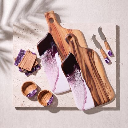 The Entertainer's Bundle in Lilac - Flat lay of both boards, two knives, two bowls and four coasters