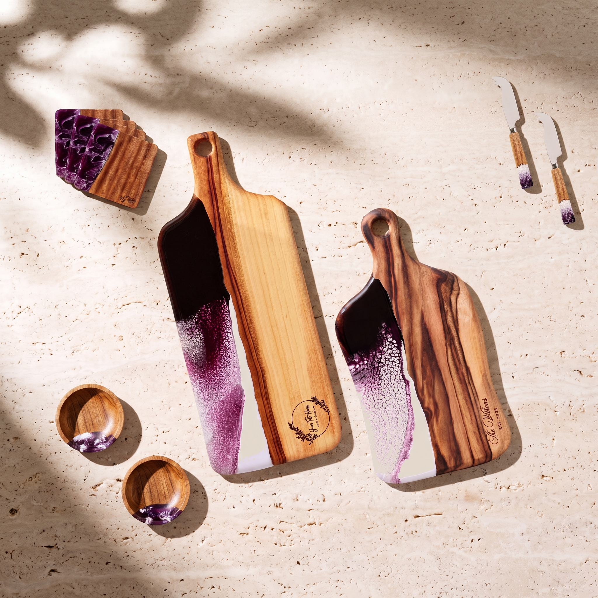 The Entertainer's Bundle in Lilac - Flat lay of both boards, two knives, two bowls and four coasters