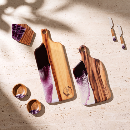 The Entertainer's Bundle in Lilac - Flat lay of both boards, two knives, two bowls and four coasters