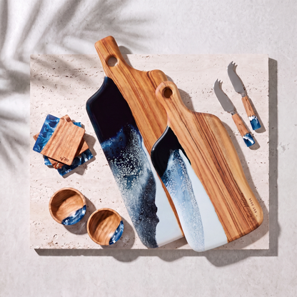 The Entertainer's Bundle in Prussian Blue - Flat lay of both boards, two knives, two bowls and four coasters