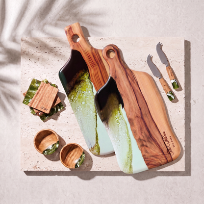 The Entertainer's Bundle in Sage Green - Flat lay of both boards, two knives, two bowls and four coasters