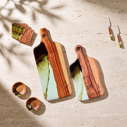 The Entertainer's Bundle in Sage Green - Flat lay of both boards, two knives, two bowls and four coasters