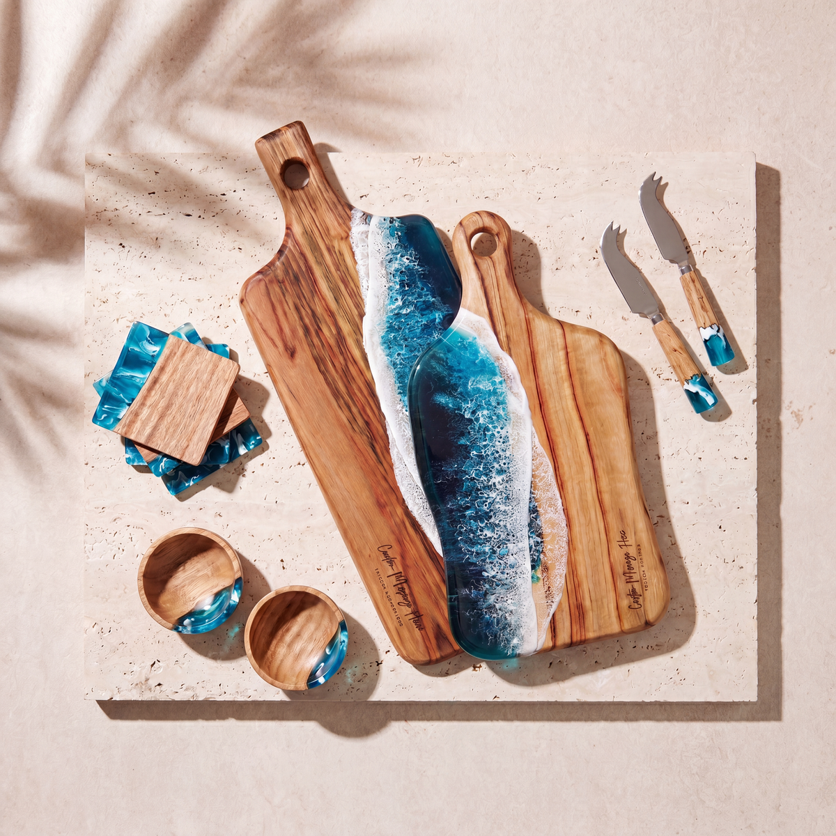 The Entertainer's Bundle in Seascape - Flat lay of both boards, two knives, two bowls and four coasters