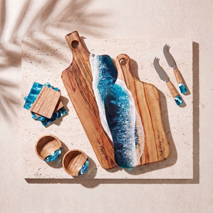 The Entertainer's Bundle in Seascape - Flat lay of both boards, two knives, two bowls and four coasters