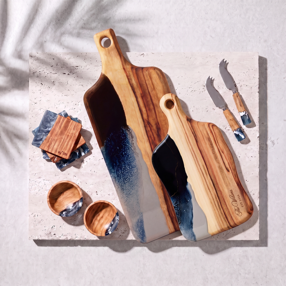 The Entertainer's Bundle in Slate - Flat lay of both boards, two knives, two bowls and four coasters