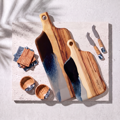 The Entertainer's Bundle in Slate - Flat lay of both boards, two knives, two bowls and four coasters