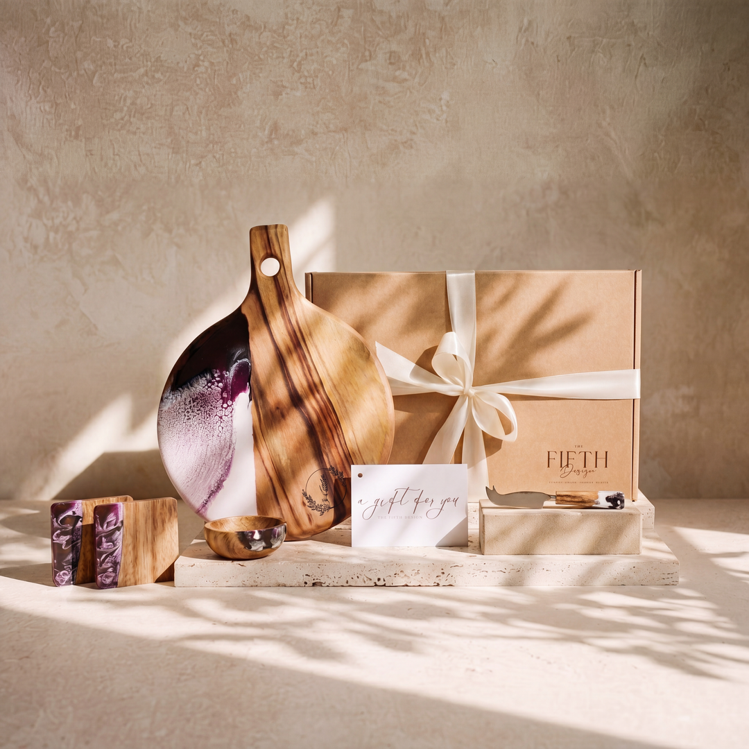 The Grazing Gift Box in Lilac - styled lifestyle hero, bundle arranged on travertine in warm editorial light