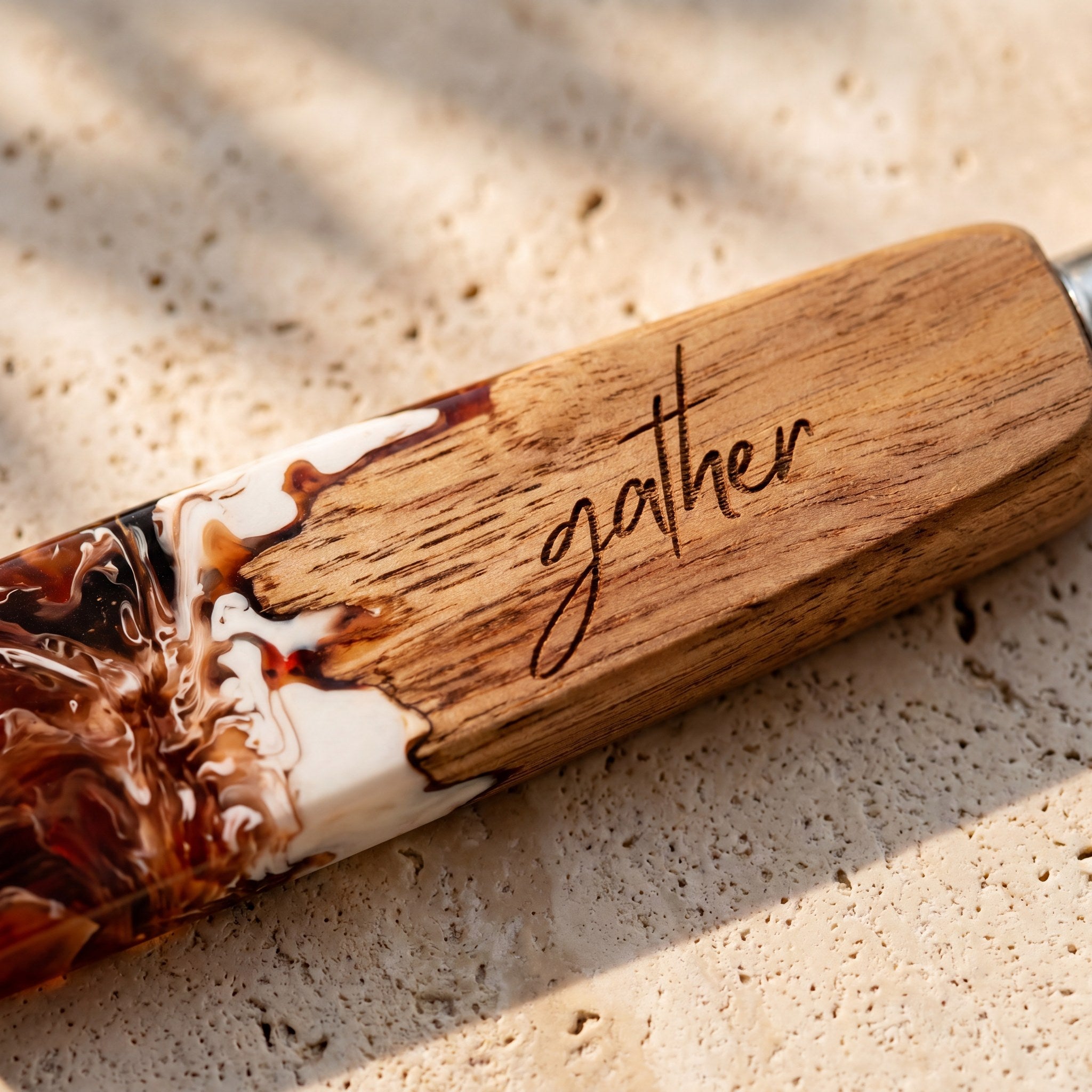 Resin Cheese Knife in Burnt Ivory - engraving detail #colour_burnt-ivory