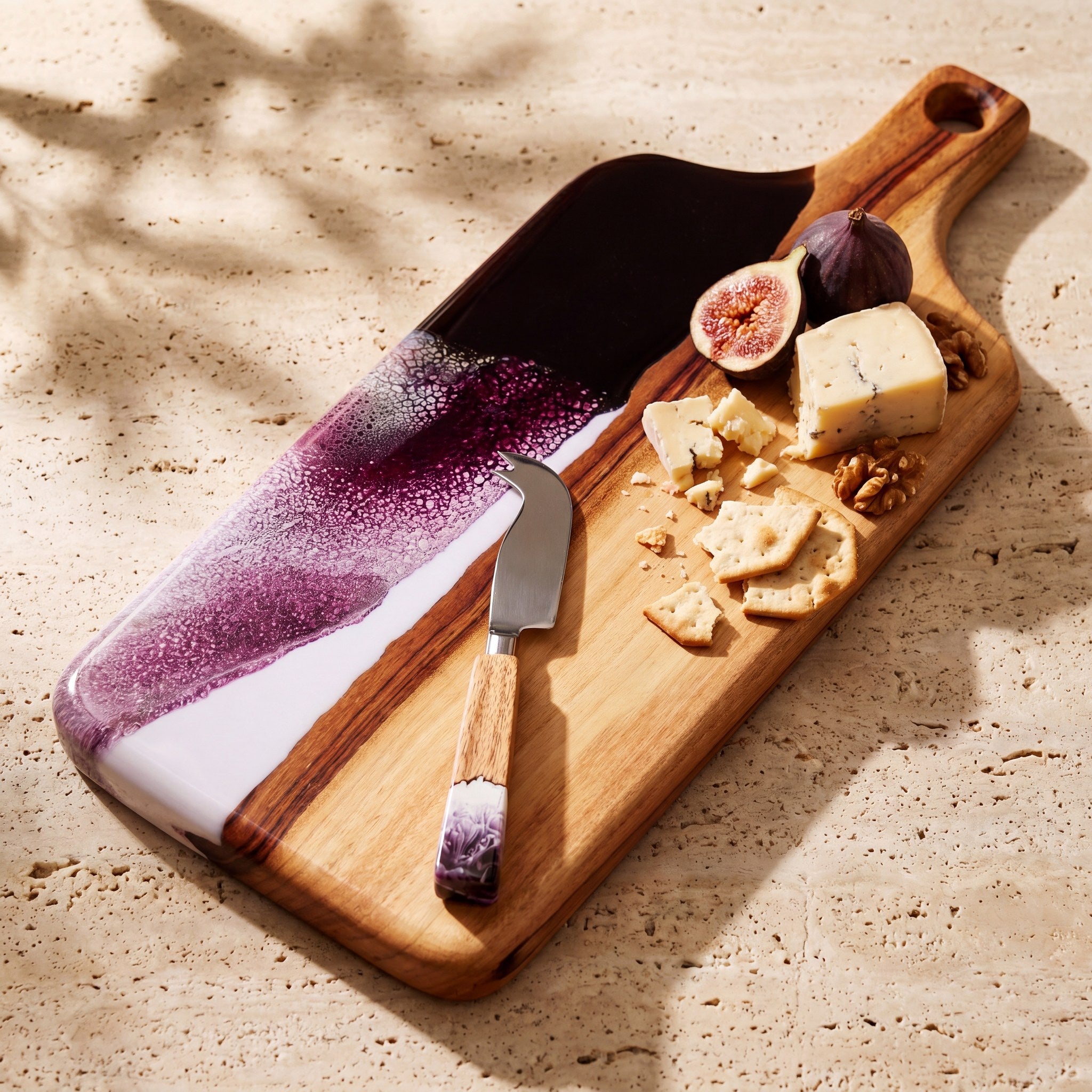 Resin Cheese Knife in Lilac - styled on a serving board #colour_lilac