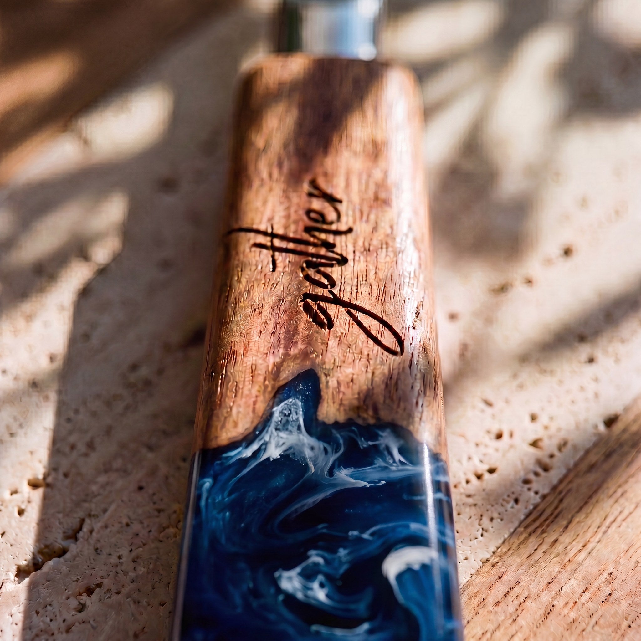 Resin Cheese Knife in Prussian Blue - engraving detail #colour_prussian-blue