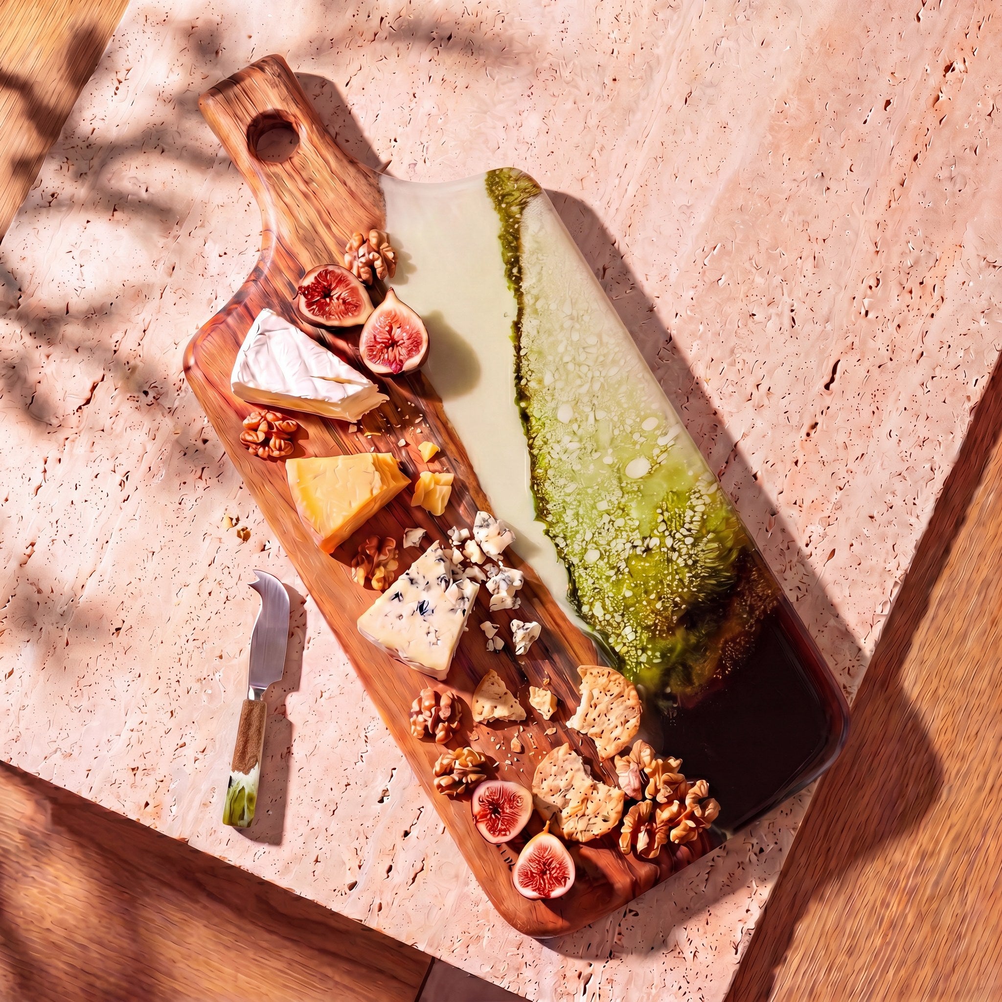 Resin Cheese Knife in Sage Green - styled on a serving board #colour_sage-green
