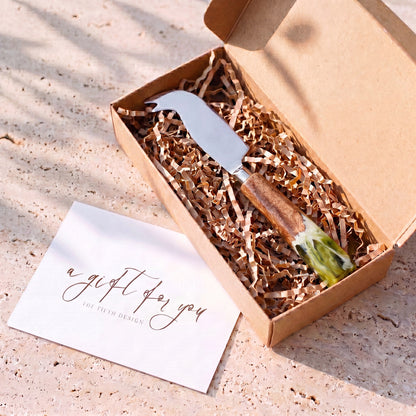 Resin Cheese Knife in Sage Green - gift box presentation #colour_sage-green