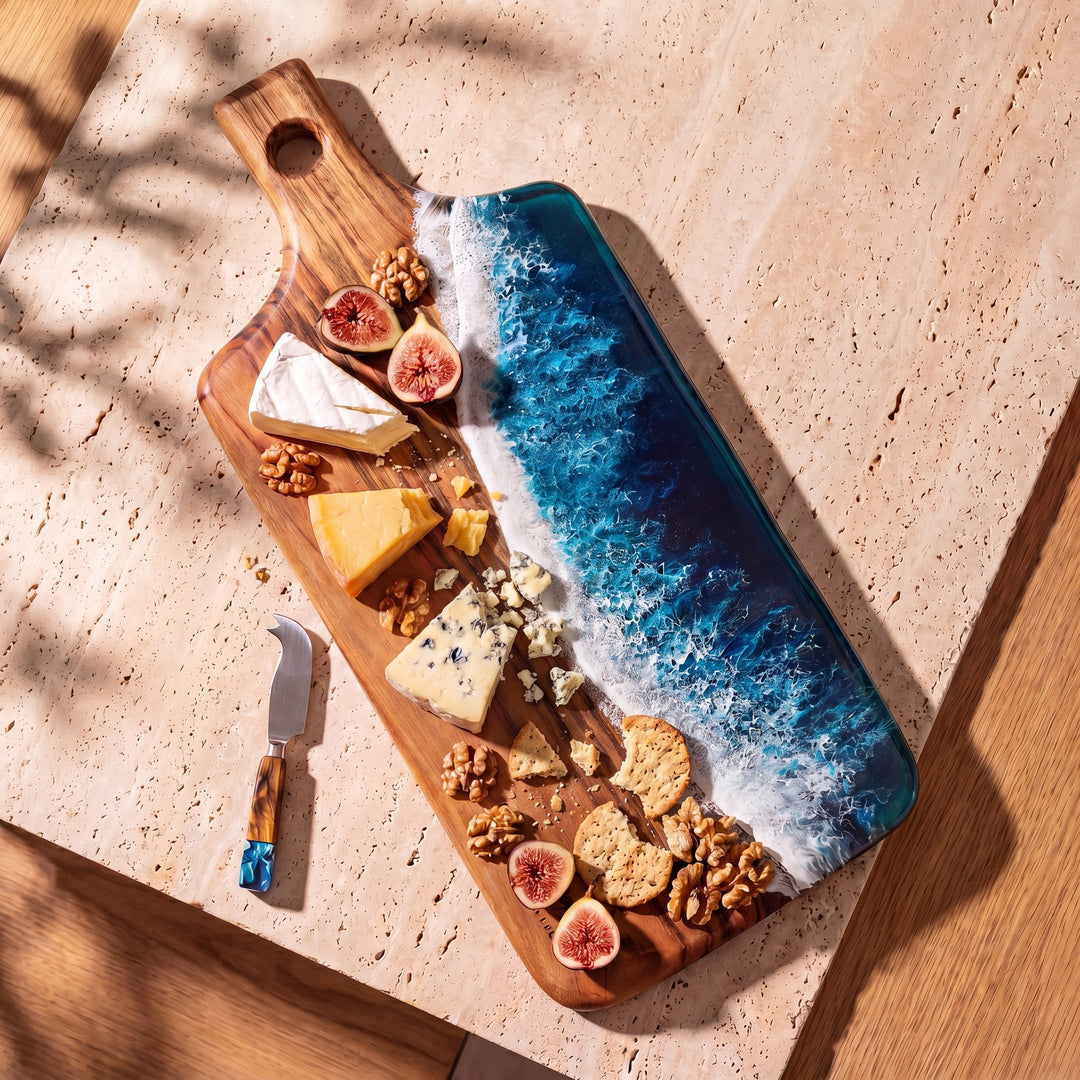 Resin Cheese Knife in Seascape - styled on a serving board #colour_seascape