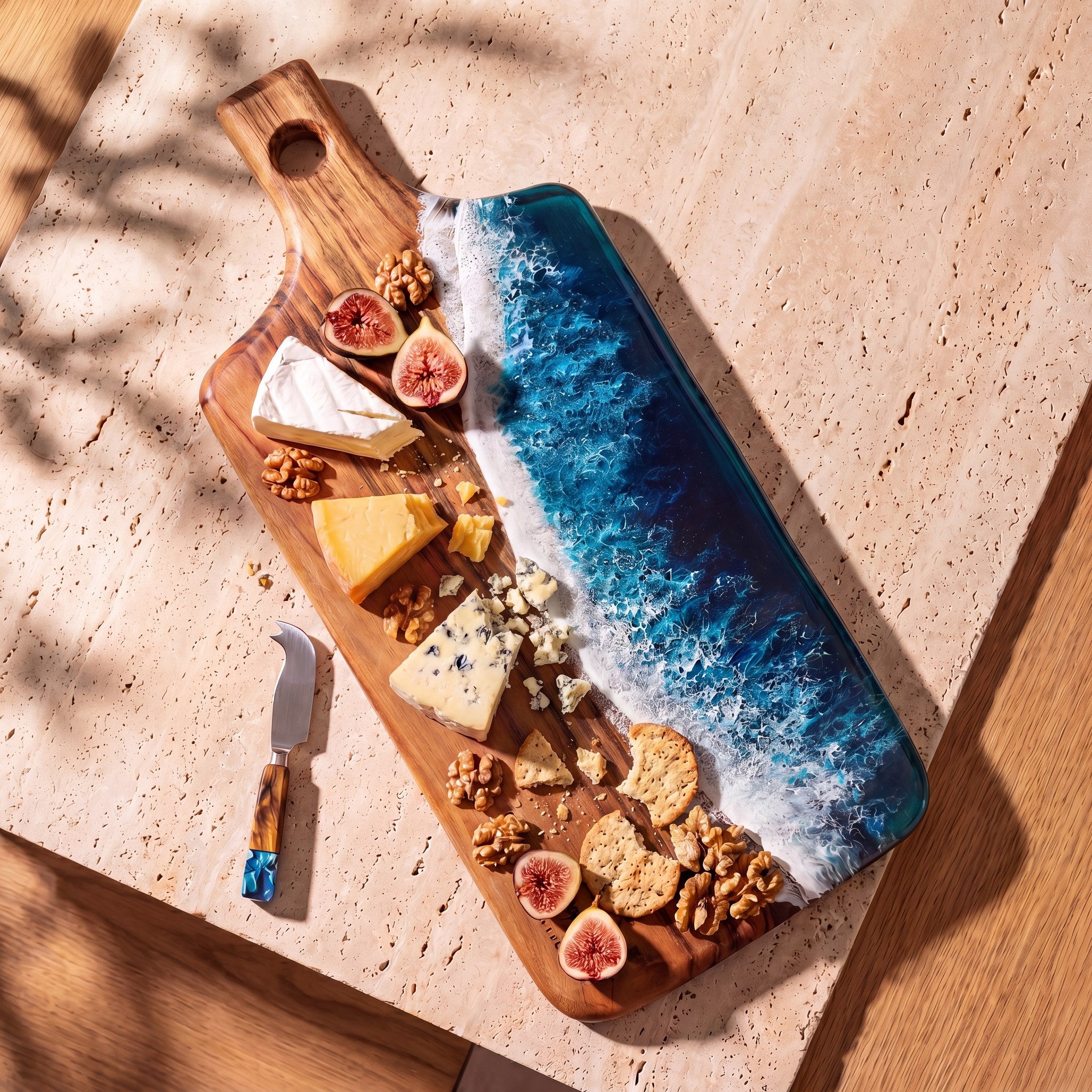 Resin Cheese Knife in Seascape - styled on a serving board #colour_seascape