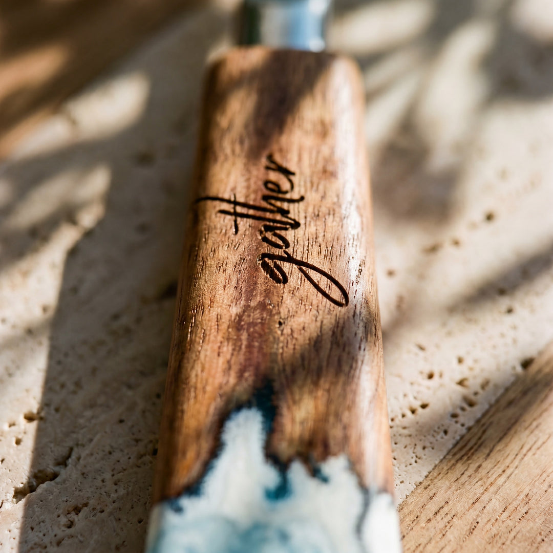 Resin Cheese Knife in Seascape - engraving detail #colour_seascape