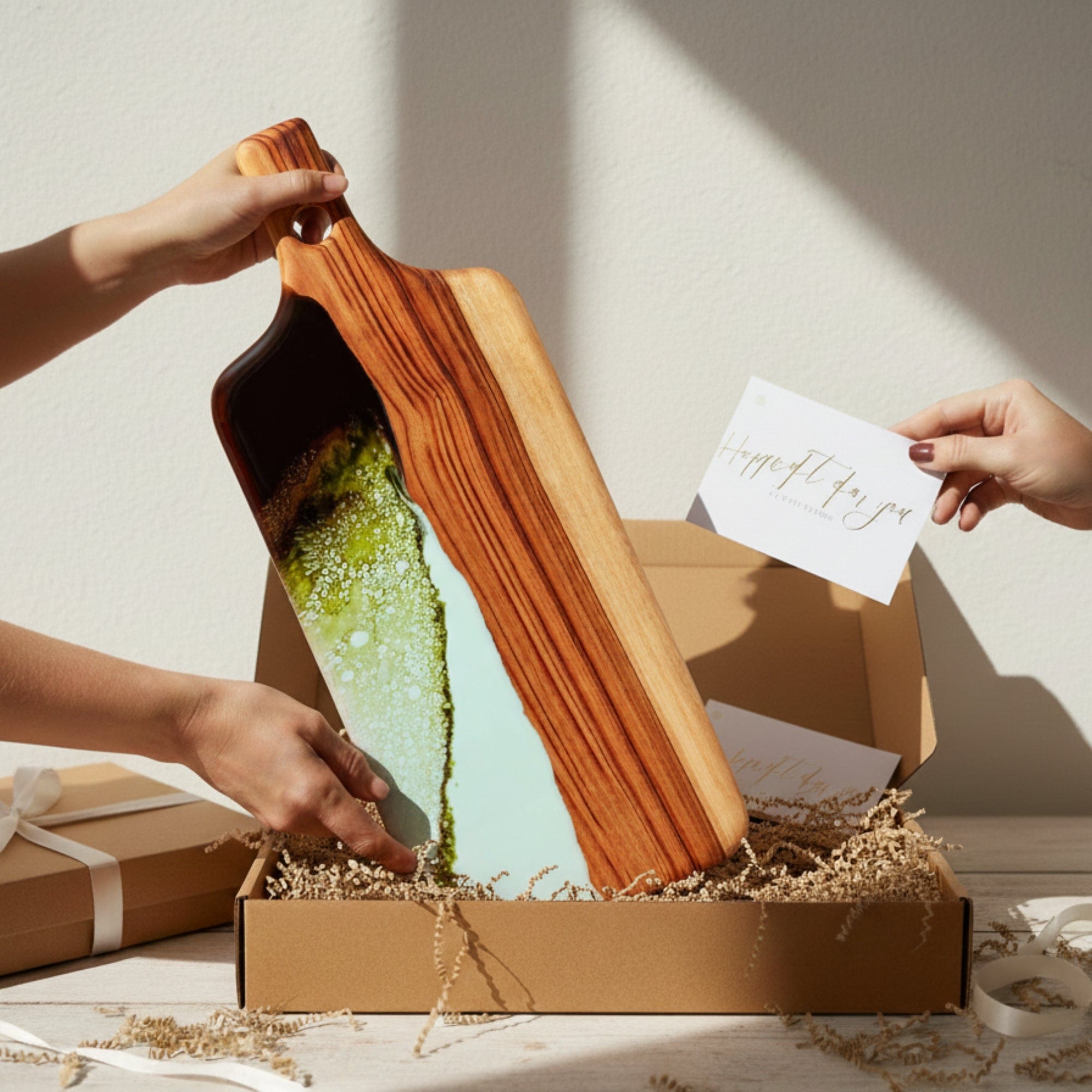 Large Resin Paddle Board in Sage Green - Gift box presentation, board in TFD kraft gift box #colour_sage-green
