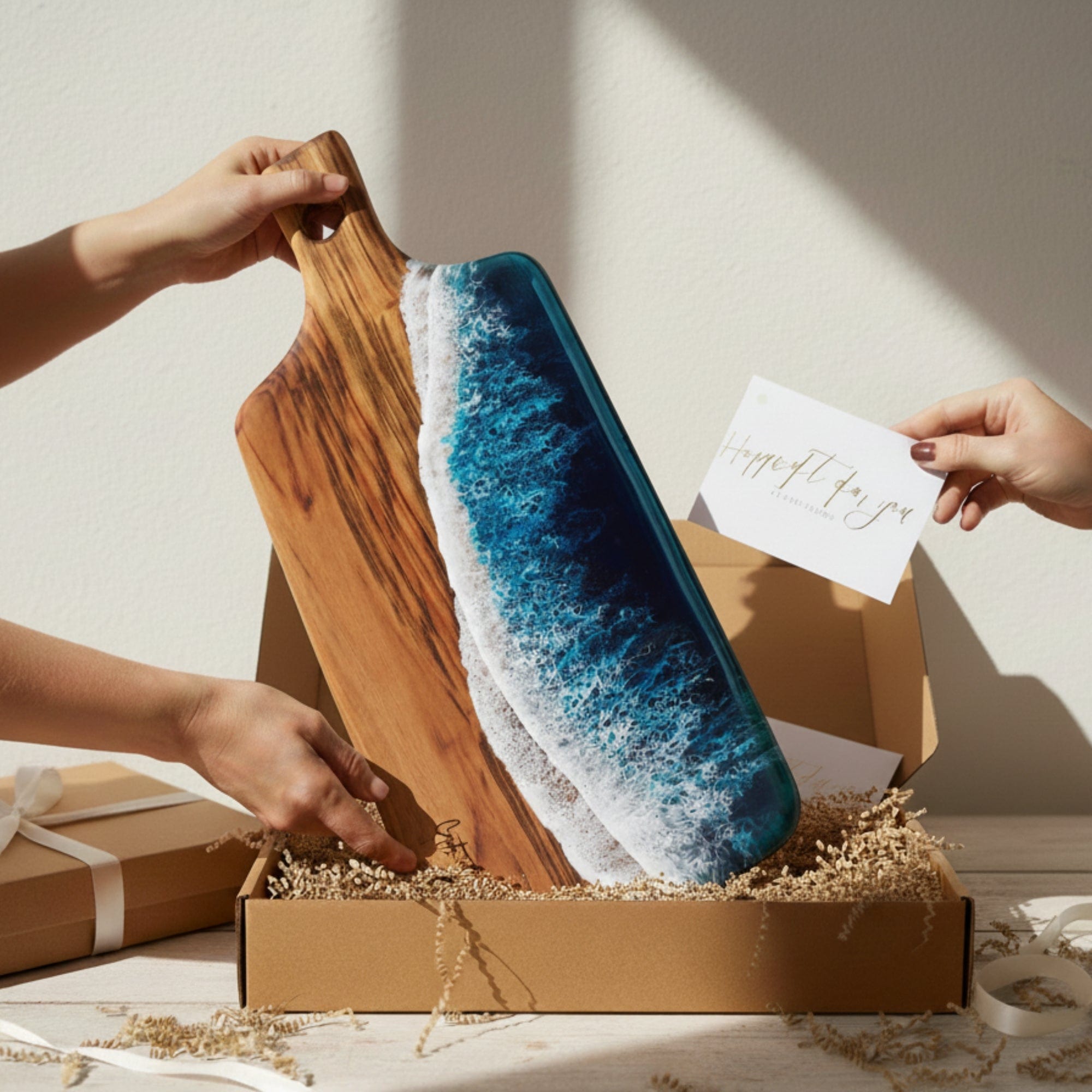 Large Resin Paddle Board in Seascape - Gift box presentation, board in TFD kraft gift box #colour_seascape
