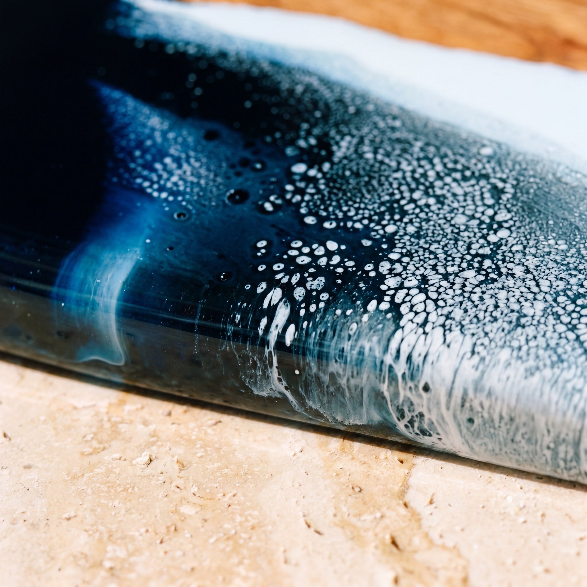 Large Resin Board in Prussian Blue - Close-up of resin and Camphor Laurel grain #colour_prussian-blue