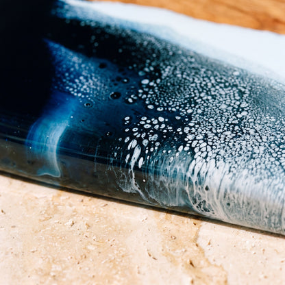 Large Resin Board in Prussian Blue - Close-up of resin and Camphor Laurel grain #colour_prussian-blue
