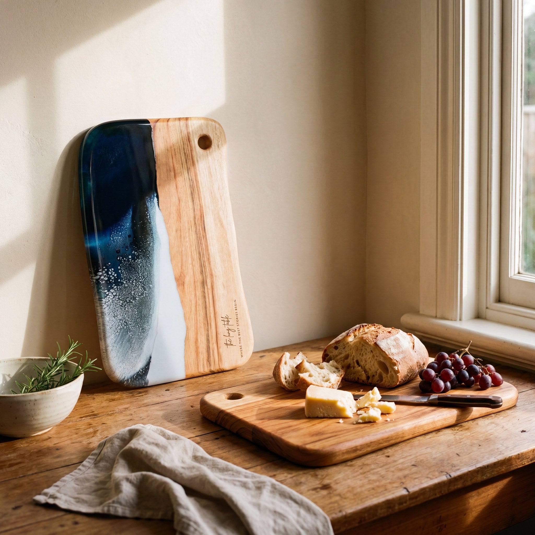 Large Resin Board in Prussian Blue - Propped with a grazing spread #colour_prussian-blue