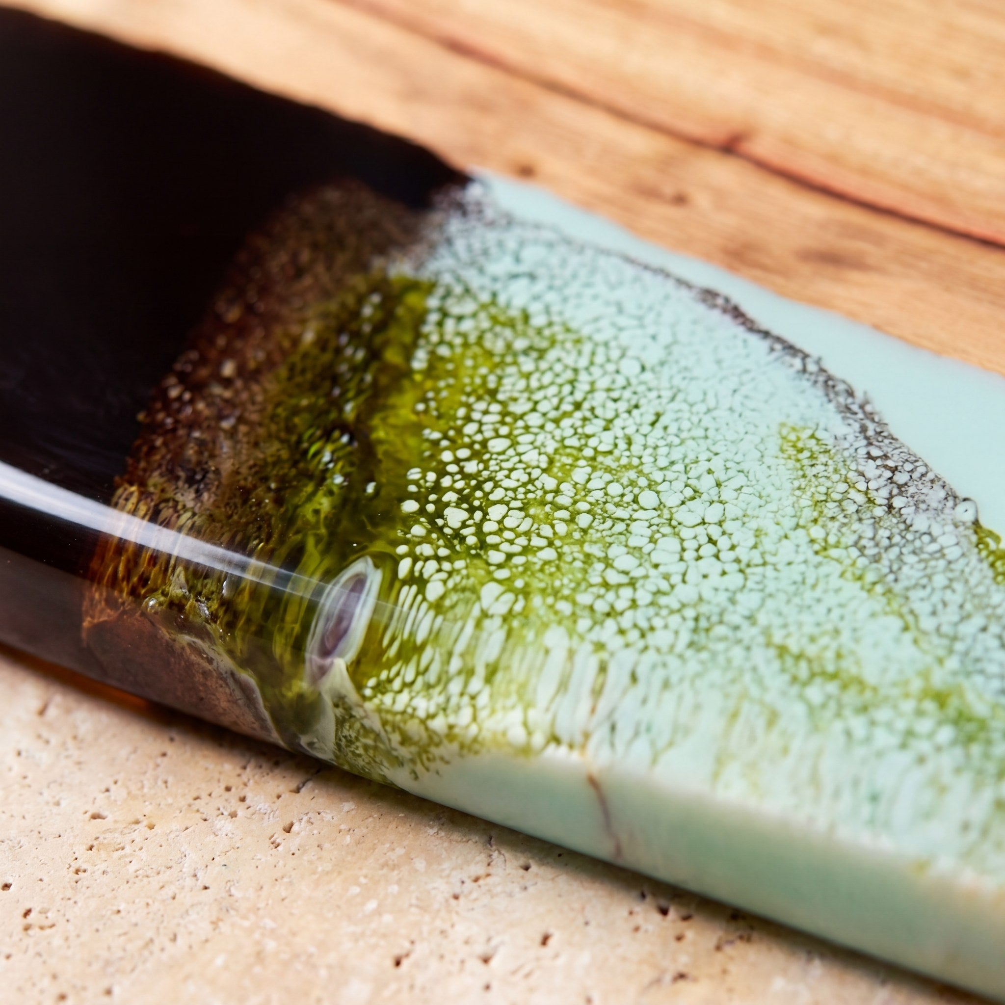 Large Resin Board in Sage Green - Close-up of resin and Camphor Laurel grain #colour_sage-green