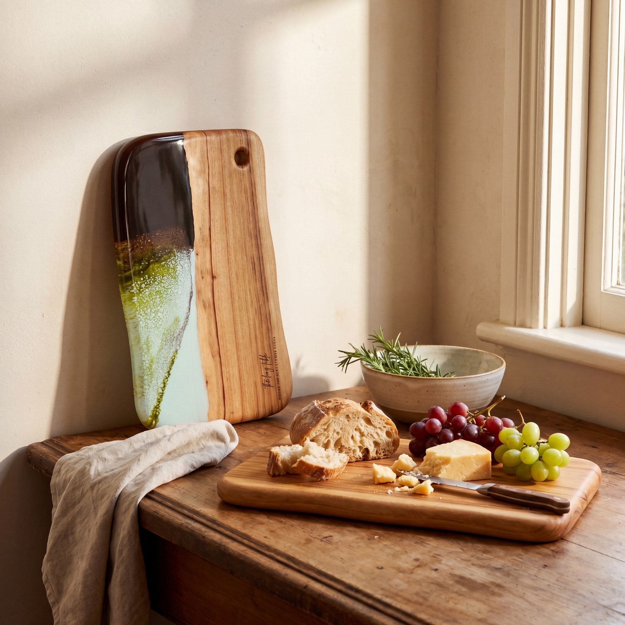 Large Resin Board in Sage Green - Propped with a grazing spread #colour_sage-green