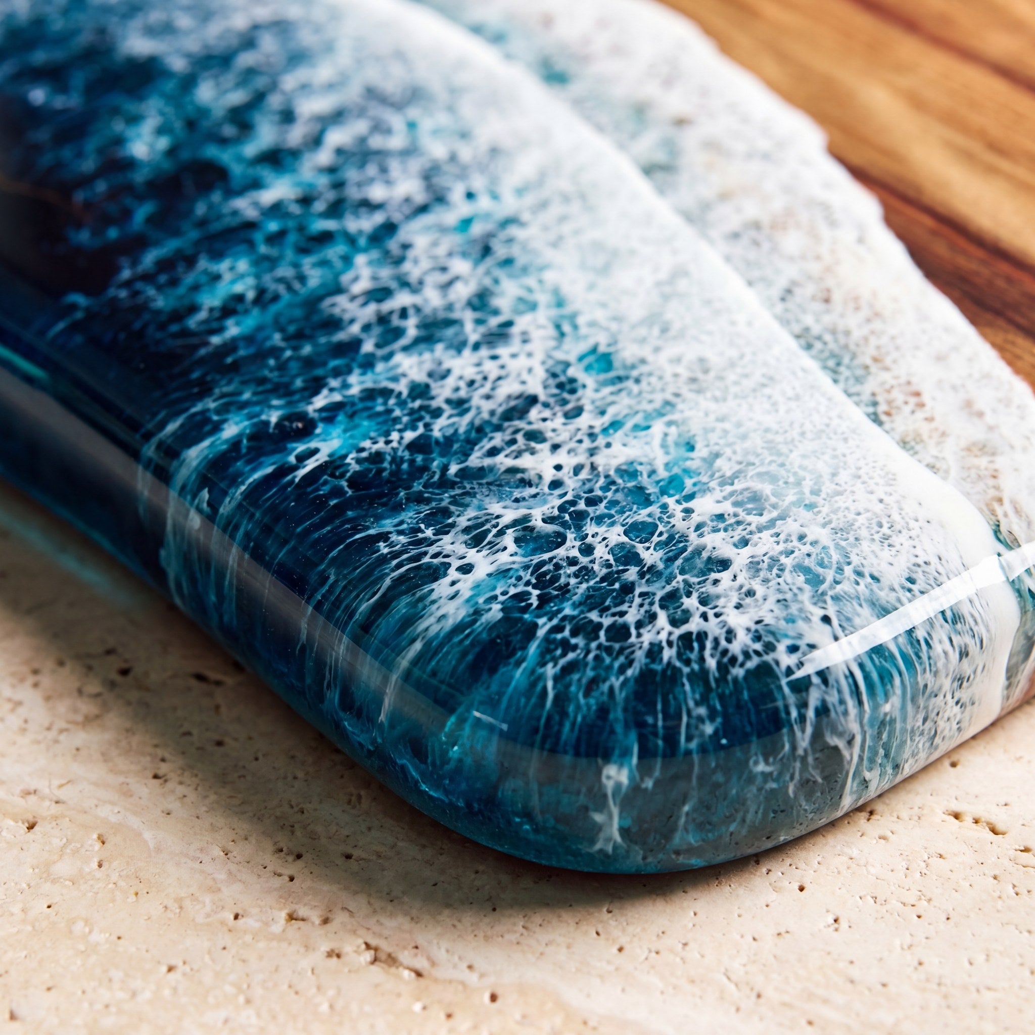 Large Resin Board in Seascape - Close-up of resin and Camphor Laurel grain #colour_seascape
