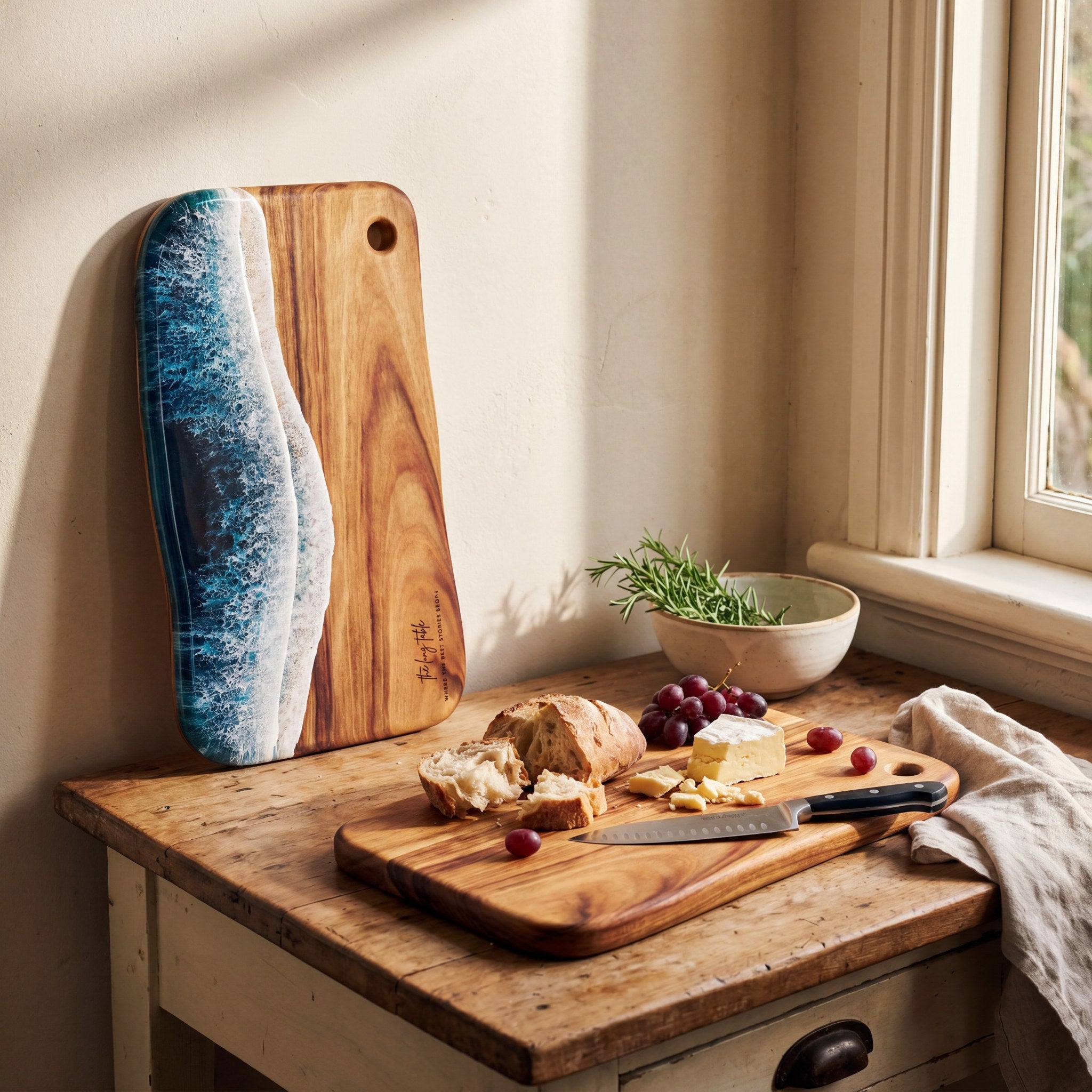 Large Resin Board in Seascape - Propped with a grazing spread #colour_seascape
