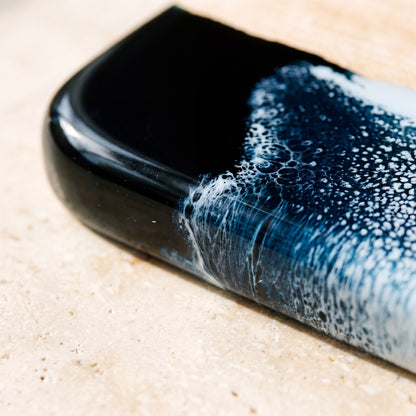 Small Resin Board in Prussian Blue - Close-up of the resin and Camphor Laurel grain #colour_prussian-blue