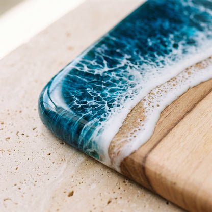 Small Resin Board in Seascape - Close-up of the resin and Camphor Laurel grain #colour_seascape