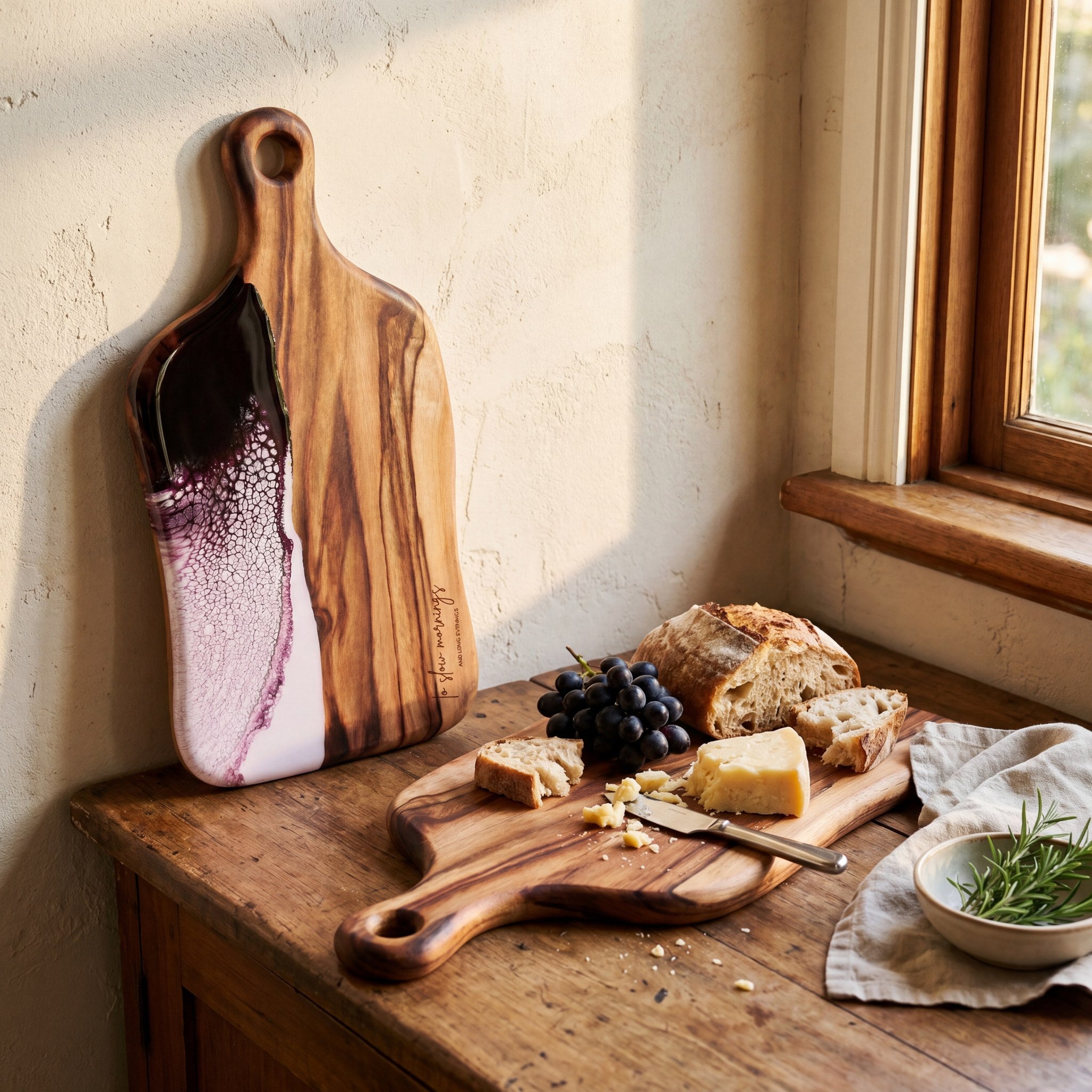 Medium Resin Paddle Board in Lilac - Propped with a grazing spread #colour_lilac