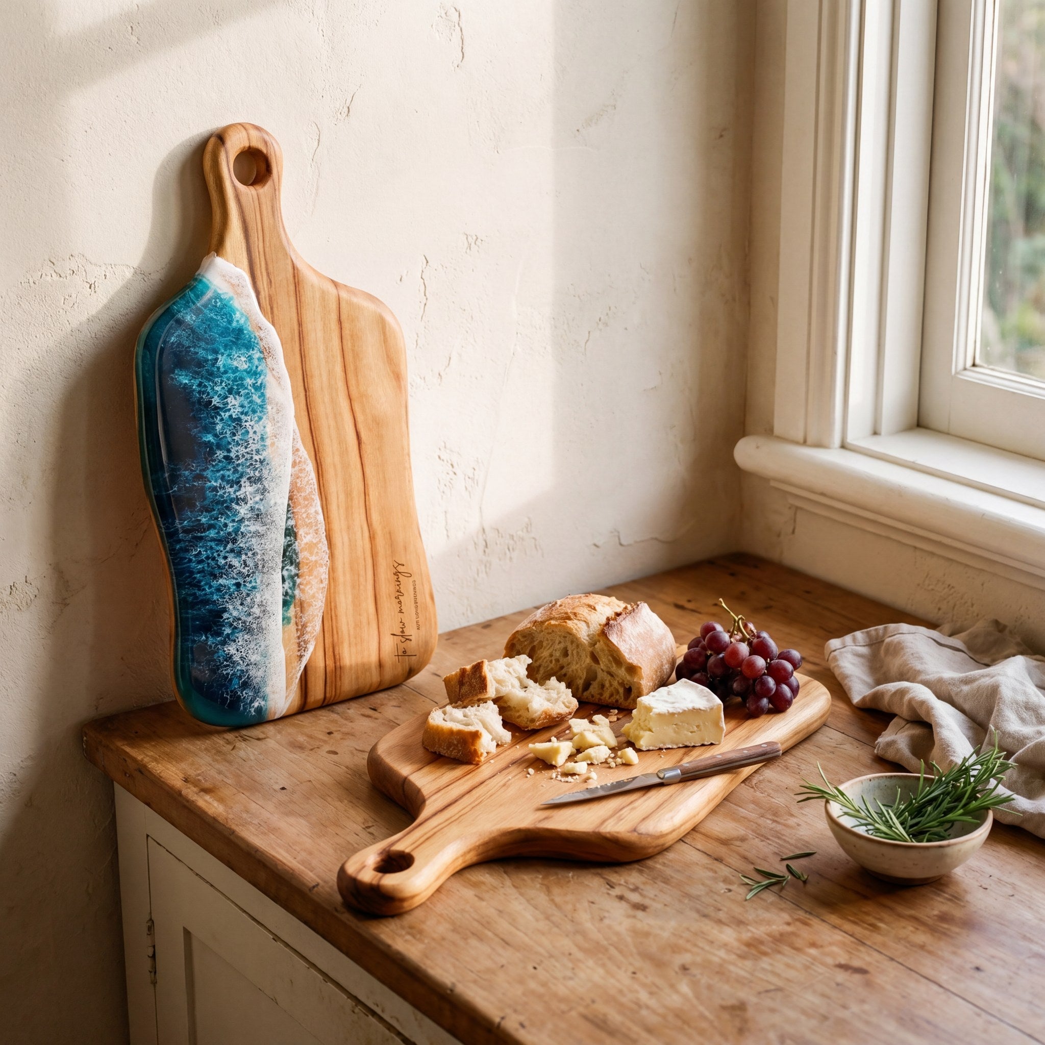 Medium Resin Paddle Board in Seascape - Propped with a grazing spread #colour_seascape