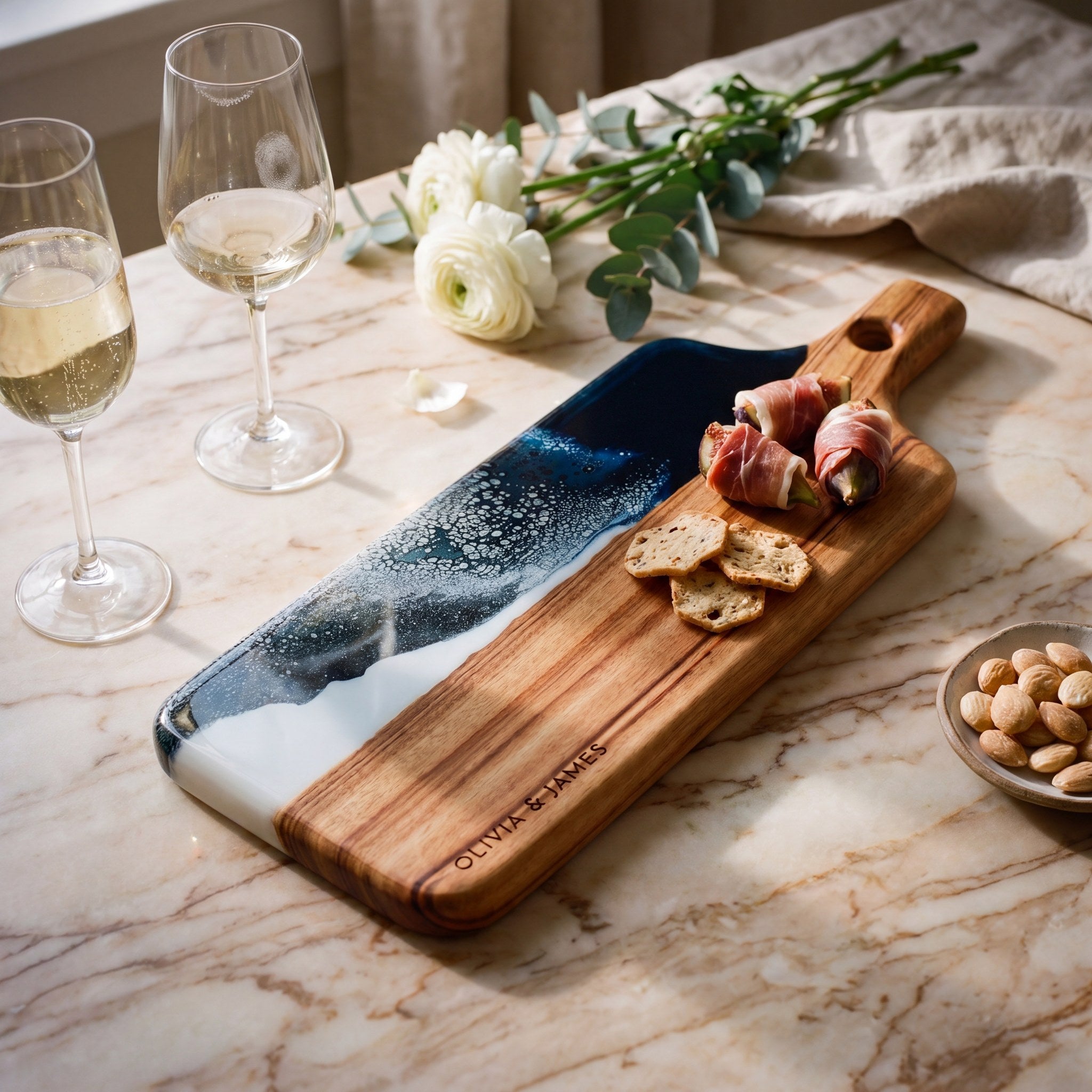 Large Resin Paddle in Prussian Blue styled on a wedding table#colour_prussian-blue