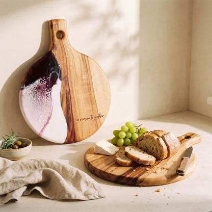 Round Resin Paddle in Lilac - Lifestyle scene with cheese and accompaniments styled on board #colour_lilac