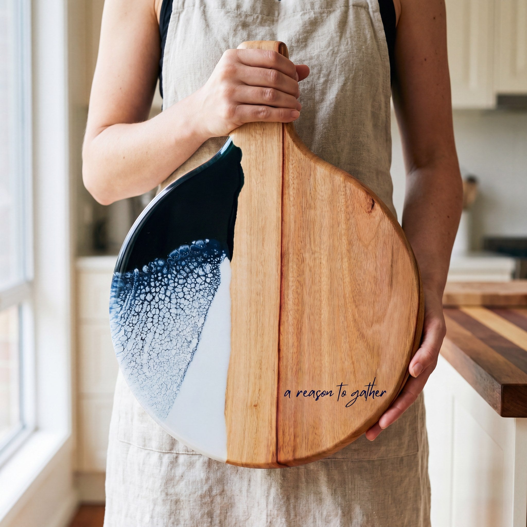 Round Resin Paddle in Prussian Blue - Styled flat lay with dried flowers and linens #colour_prussian-blue