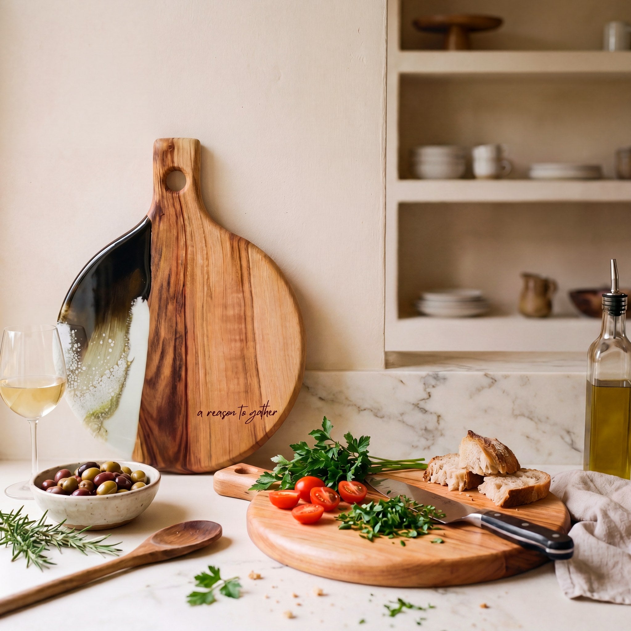 Round Resin Paddle in Sage Green - Lifestyle scene with cheese and accompaniments styled on board #colour_sage-green