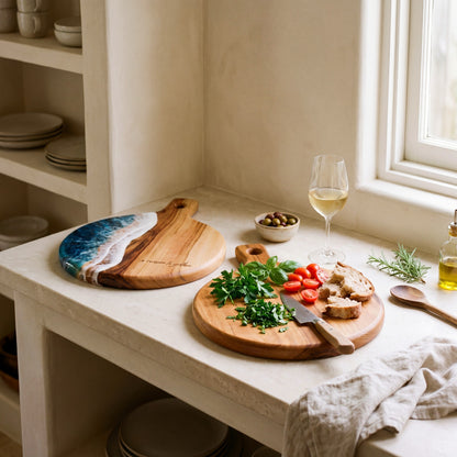 Round Resin Paddle in Seascape - Lifestyle scene with cheese and accompaniments styled on board #colour_seascape