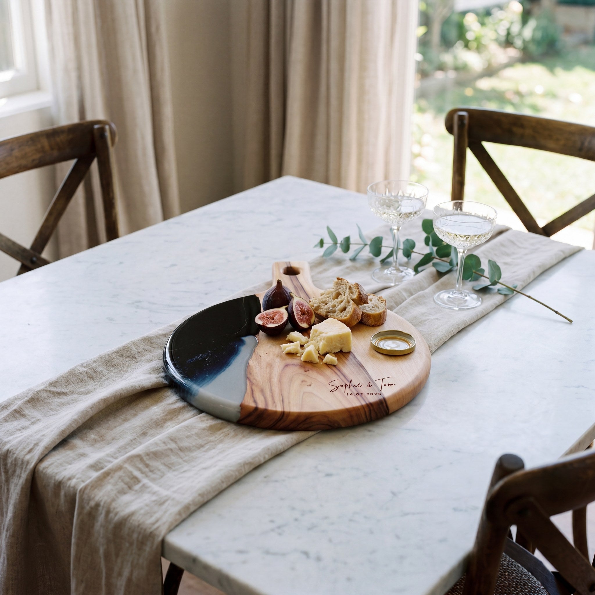 Round Resin Paddle in Slate - In-use entertaining scene with full board styled #colour_slate