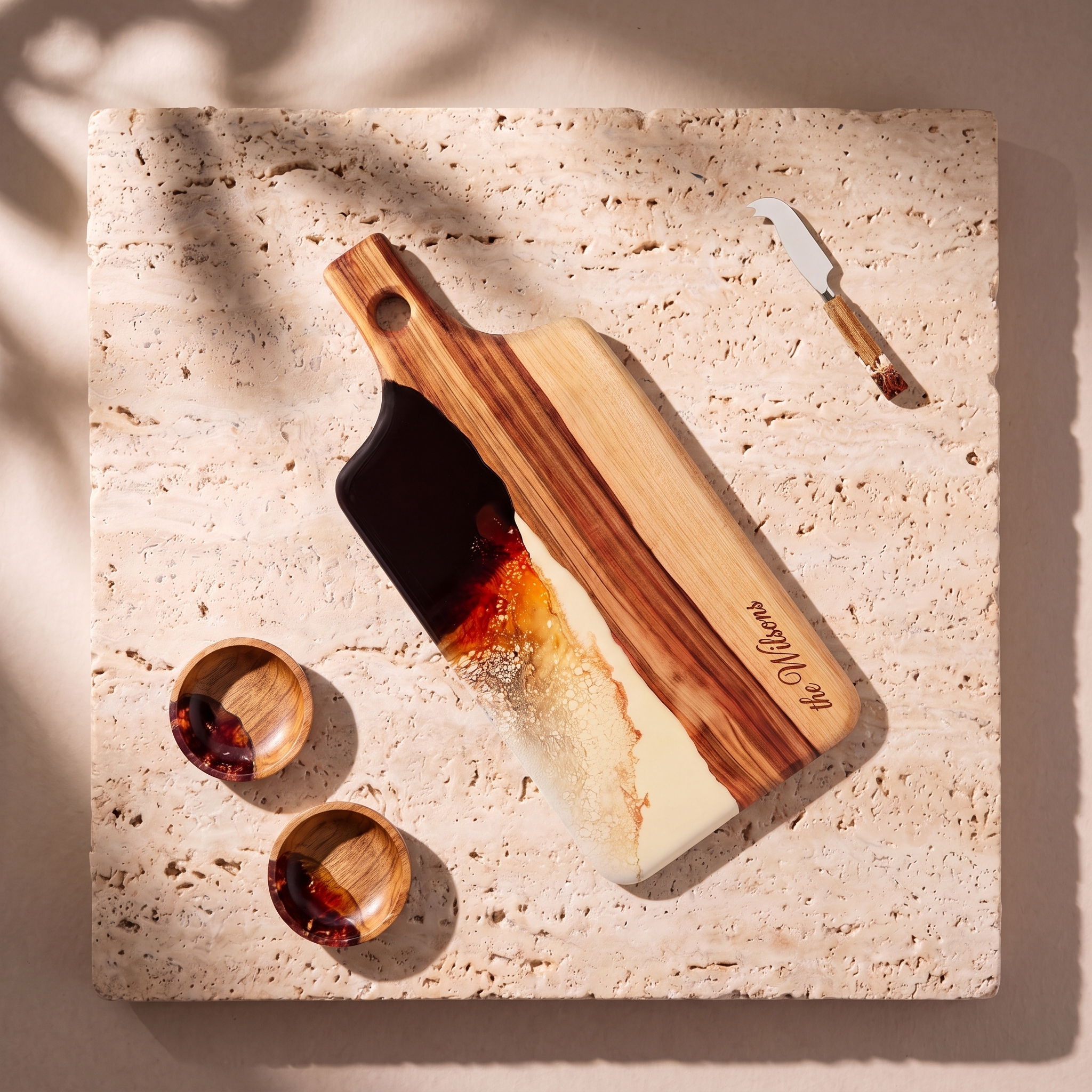 The Ultimate Gift Bundle in Burnt Ivory - Flat lay of the board, two bowls and the knife