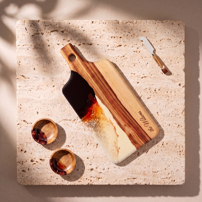 The Ultimate Gift Bundle in Burnt Ivory - Flat lay of the board, two bowls and the knife